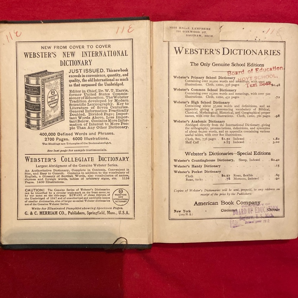 Websters high school dictionary copyright, 1892